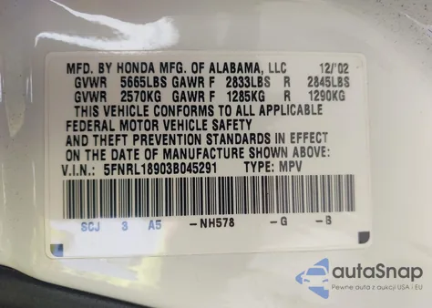 2003 Honda Odyssey Ex-L z USA, uszkodzony, nr VIN 5FNRL18903B045291
